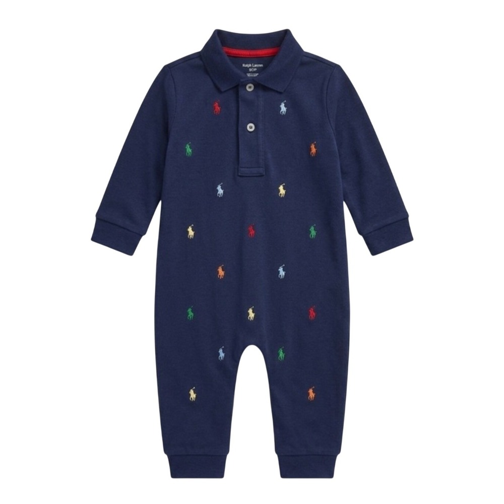 Ralph Lauren Baby Boy Navy Blue Multi Pony Embroidered Long Sleeve Coverall 6M